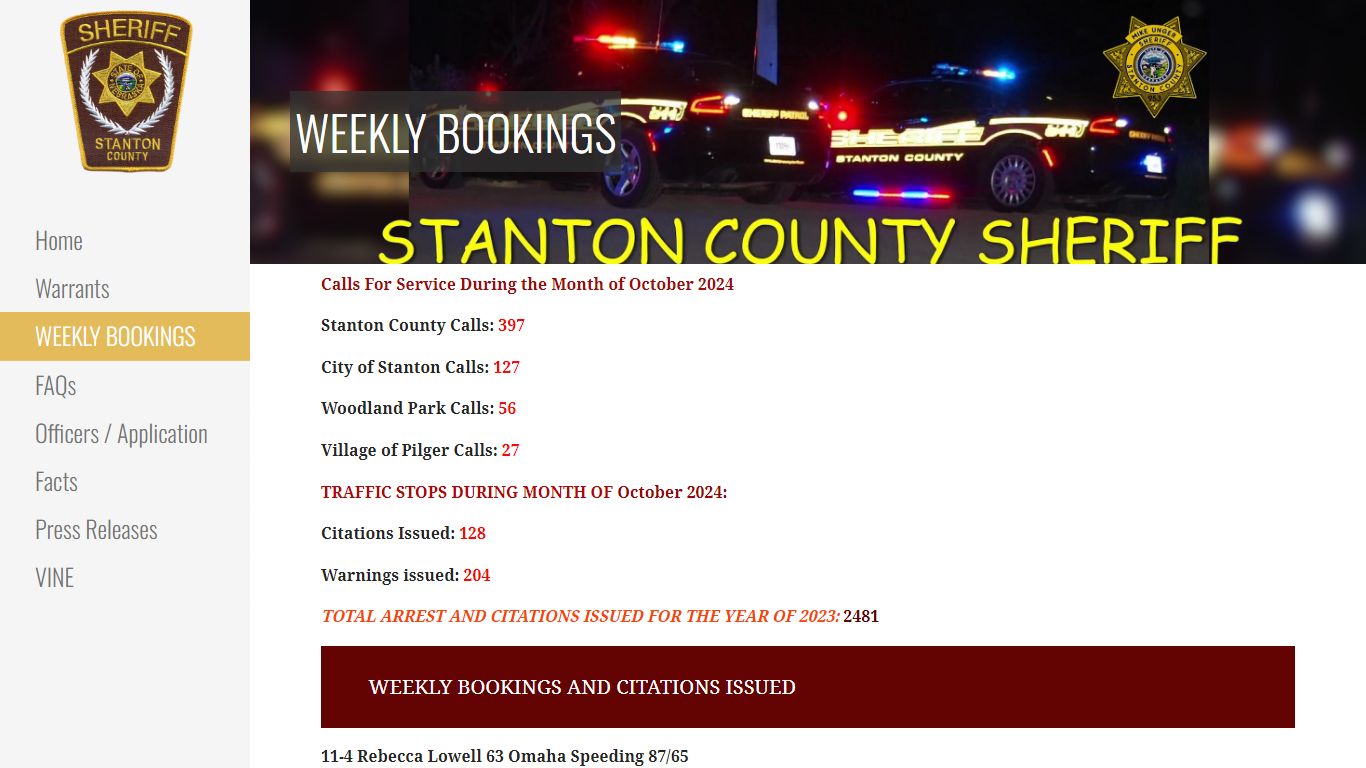 WEEKLY BOOKINGS - Stanton County Sheriff