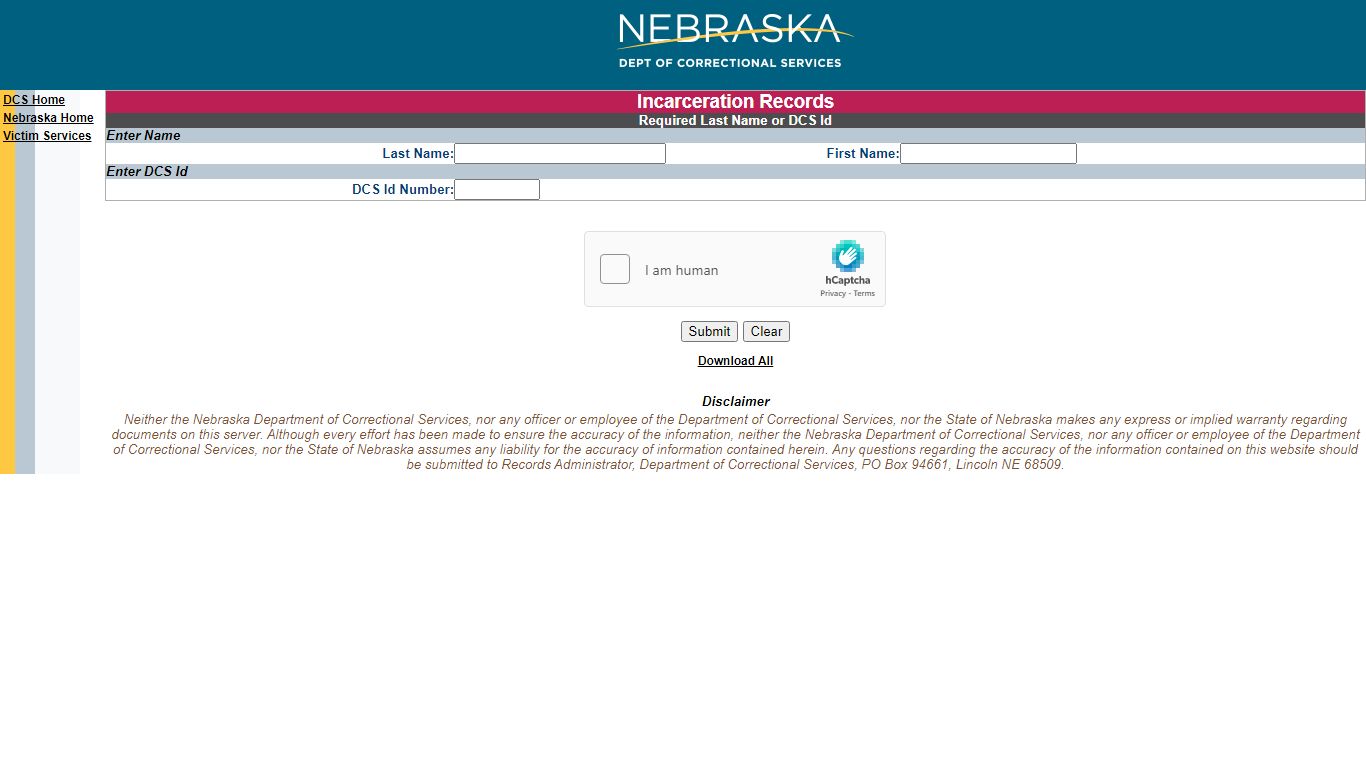 Incarceration Record Search - Nebraska